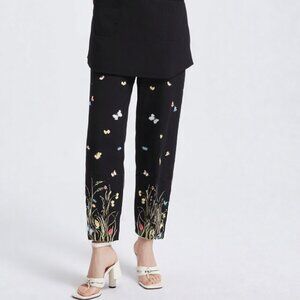 Vintage 80s Talbots Embroidered Stretch Cotton Black Pants Trousers Butterflies